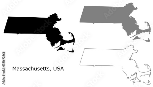 Massachusetts map set. Massachusetts USA map vector. Massachusetts map on silhouette, gray, and outline