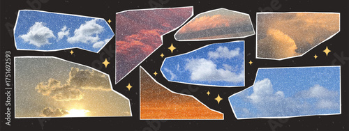 Photocopy sky collage set. Torn paper clouds and sunset with halftone dots and retro grain effect. Vector pop art design.