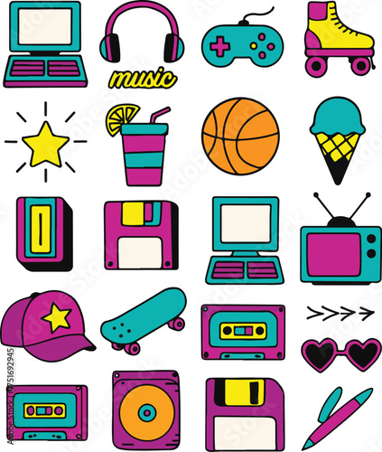 Retro icons collection on a white background representing culture, technology and activities