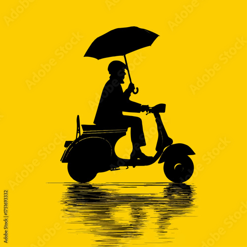 Man riding a vintage scooter under an umbrella silhouette with reflection on yellow background