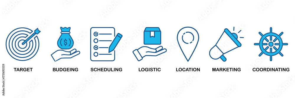 Fototapeta premium Event management icon set In Blue Monochrome Flat Design vector illustration concept for target, budgeting, scheduling, logistics, location, marketing, and coordination