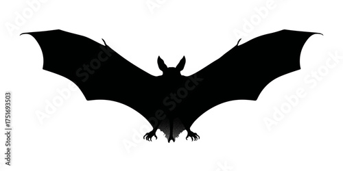 Spooky flying bat silhouette against white background for halloween