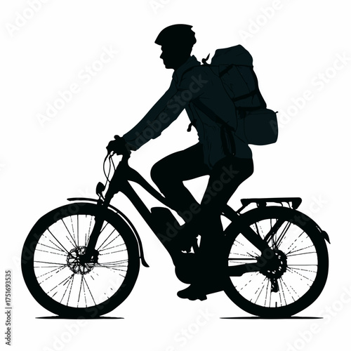 Silhouette of a person riding an electric bicycle with a backpack isolated on transparent background