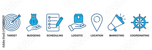 Event management icon set In Blue Monochrome Flat Design vector illustration concept for target, budgeting, scheduling, logistics, location, marketing, and coordination