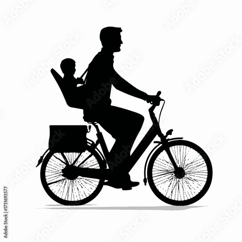 Silhouette of a father riding a bicycle with a child in a seat isolated on transparent background