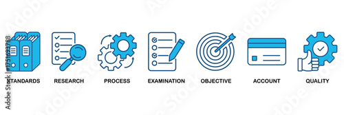Audit icon set In Blue Monochrome Flat Design vector illustration concept for standards, research, process, examination, objective, account, and quality