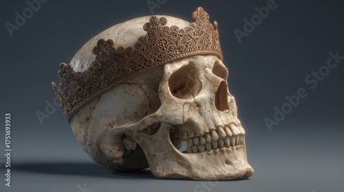 Detailed human skull with ornate crown on dark background, realistic anatomical render for educational and artistic purposes