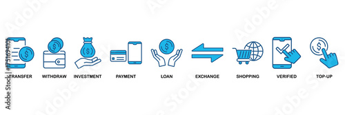Mobile banking icon set In Blue Monochrome Flat Design vector illustration concept for transfer, withdraw, investment, payment, loan, exchange, shopping, verified and top-up