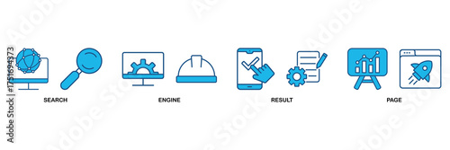 SERP banner web icon vector illustration concept for search engine result page with icon of web search, computer, search engine, mobile search, page result, and statistics graph