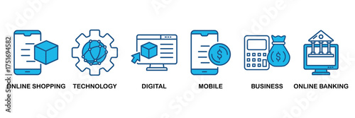 E-Payment icon set In Blue Monochrome Flat Design vector illustration concept for internet banking with icon of online shopping, technology, digital, mobile, business and online banking�