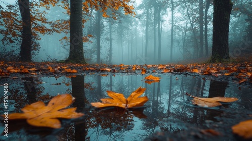 Autumn leaves reflect in a misty forest during a quiet morning