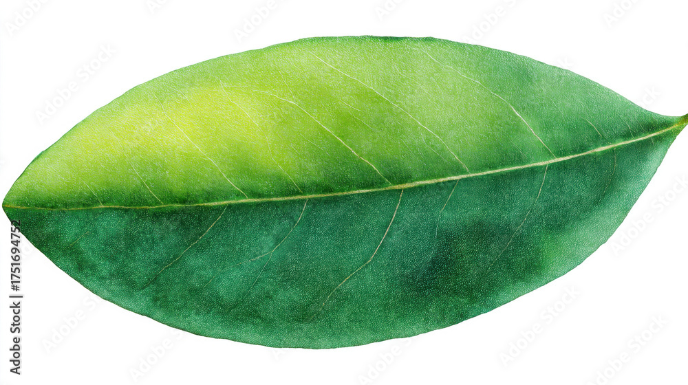 Fototapeta premium Watercolor Leaf, A minimalist watercolor illustration of a single green leaf. Soft green tones and subtle washes. Isolated on a textured white paper background. Natural and artistic.