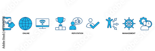 ORM banner web icon vector illustration concept for online reputation management with icon of internet, browser, winner, trust, favorite, and business