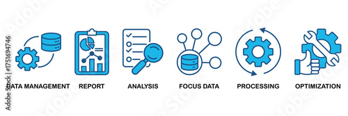 Data analysis icon set In Blue Monochrome Flat Design vector illustration concept for data management, report, analysis, focus data, processing, optimization