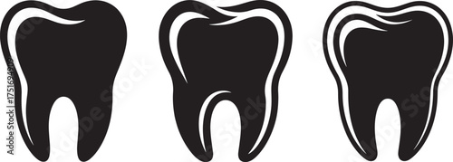 Dental Tooth Icon Set, Black and White Tooth Silhouette Vector Illustration