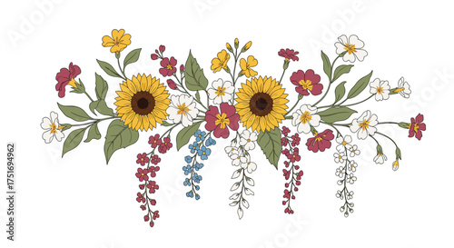 A beautiful arrangement of sunflowers and wildflowers in a rustic farmhouse style.
