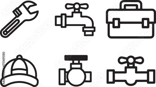 Plumbing and maintenance icon set including wrench faucet valve toolbox and worker cap