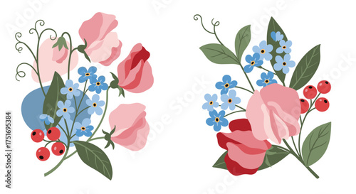 Delicate arrangements of pink sweet peas and blue forget me nots adorned with red berries.