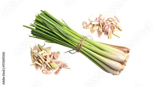 Bundled lemongrass with cut pieces on black background