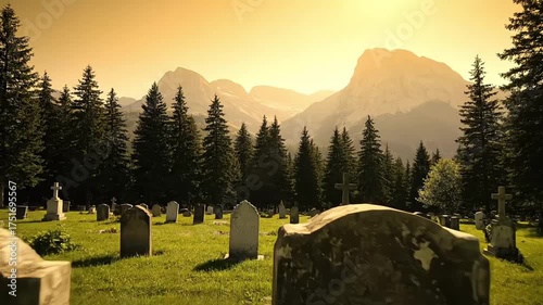 Serene graveyard with weathered tombstones nestled amidst a forest and mountain backdrop