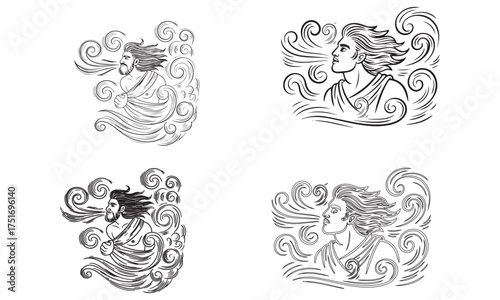 blowing wind & weather God Zephyr, a mythological character, ornament element, vector illustration with black ink lines isolated on a white background in a doodle & hand drawn style