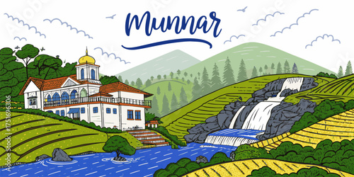 Sketch of Munnar Hill Station, Kerala – Scenic Tea Estates, Anamudi Peak, Kundala Lake – Ideal for Tourism Promotion and Travel Print Art