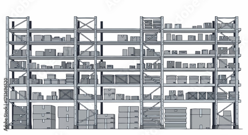 Streamlined warehouse shelving filled with organized packages, perfect for visualizing distribution, logistics, or storage facility solutions
