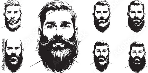 Black and White Vector Set of Handsome Bearded Men's Faces with Various Beard Styles