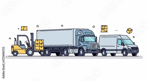 Streamlined logistics with efficient delivery trucks and a forklift ready to get the job done, representing modern supply chain solutions