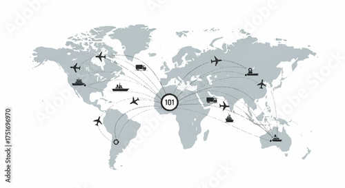 Global logistics network connecting world map with shipping, cargo planes and trucks for international business, supply chain and worldwide distribution