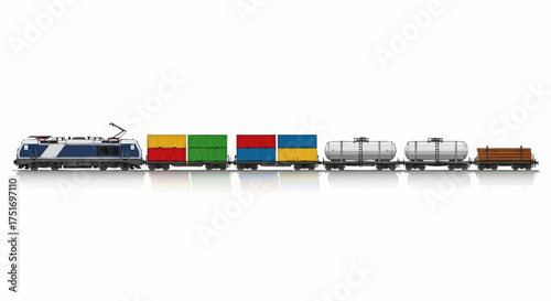 Freight train with colorful cargo containers and tank cars ready for transport, symbolizing global trade and logistics on a clean white backdrop