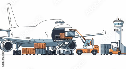 Efficient air cargo operations with plane, forklift, and control tower symbolize global trade and logistics streamlining for modern businesses