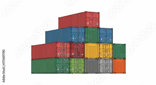 Dynamic stack of colorful shipping containers perfect for logistics, global trade, and supply chain concepts in vibrant red, blue, green, yellow, and orange