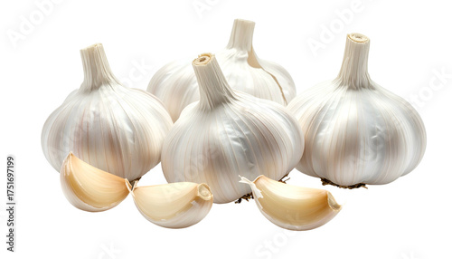 Five garlic bulbs and three cloves on a dark, contrasted background