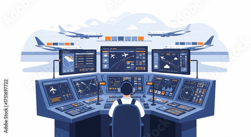 Dynamic air traffic controller managing flights with modern technology, ensuring safe airport operations, essential for aviation industry visuals