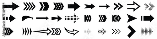  Arrow vector icon collection. Set black arrows for web design. Collection different arrow signs. Circular rotation loading elements, redo process. Vector Illustration.
