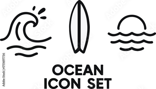 Minimalist ocean icon set featuring surfboard waves and sunset elements with transparency