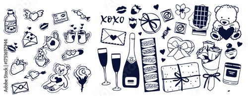 Hand drawn Fashion Illustration Romantic Objects and quote. Creative ink art work. Actual vector drawing of Holiday things. Happy Valentine's Day set and text BE MINE VALENTINE
