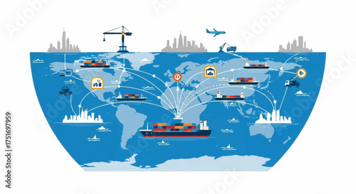 Global trade network featuring cargo ships, planes, and trucks connecting cities worldwide for efficient logistics and supply chain solutions