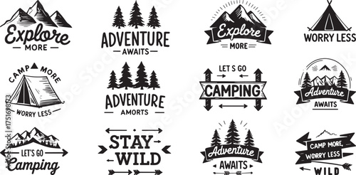 Set of 12 Adventure, Camping, and Wilderness Black Vector Badges and Retro Logos