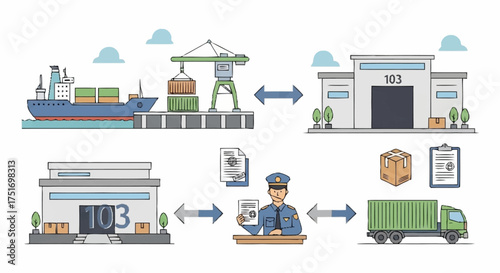 Efficient global logistics showcasing seamless container shipping from port to warehouse, validated by security, ensuring smooth supply chain operations worldwide