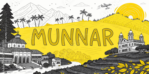 Sketch of Munnar Hill Station, Kerala – Scenic Tea Estates, Anamudi Peak, Kundala Lake – Ideal for Tourism Promotion and Travel Print Art