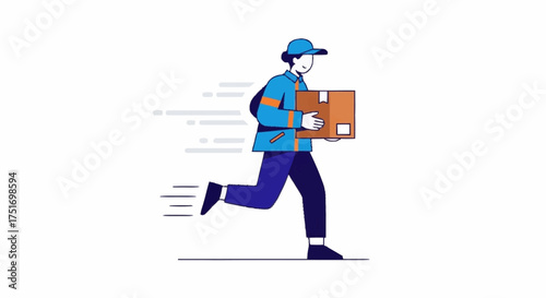 Dynamic illustration of speedy delivery service featuring running courier holding parcel promising fast reliable shipping for e-commerce businesses today