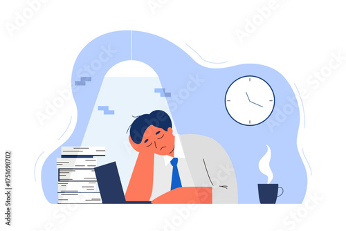 Business illustration, office worker, company, work, remote work, job, task, overtime, fatigue, overwork, laptop2