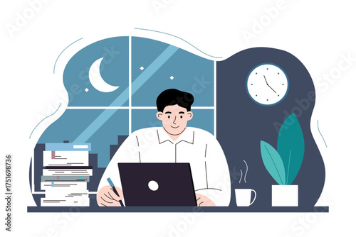 Business illustration, office worker, company, work, remote work, job, task, overtime, fatigue, overwork, laptop