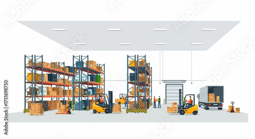 Efficient warehouse operations with forklifts and workers handling inventory for distribution, showcasing modern logistics and supply chain management