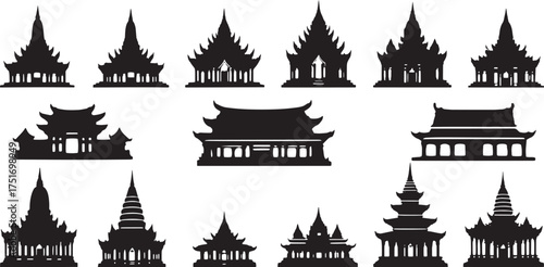 Southeast and East Asian Traditional Temple and Pavilion Architecture Silhouettes Vector Set