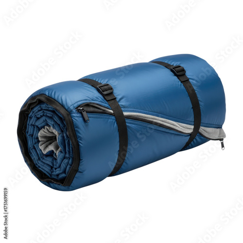 Rolled up blue sleeping bag isolated on transparent background for camping and hiking