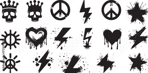Set of 18 Distressed Grungy Vector Icons: Skull, Crown, Peace Sign, Lightning, Star, and Heart Silhouettes