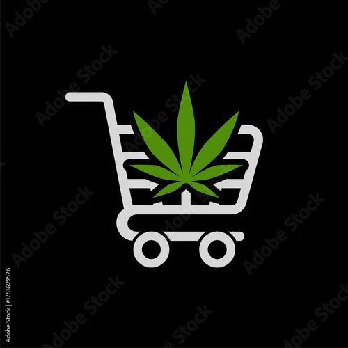 Shopping cart with marijuana or cannabis leaf icon isolated on black background